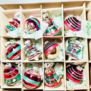 12 Radko Spools Bells Beehives Balls Glass Ornaments Pink Teal Purple Glitter